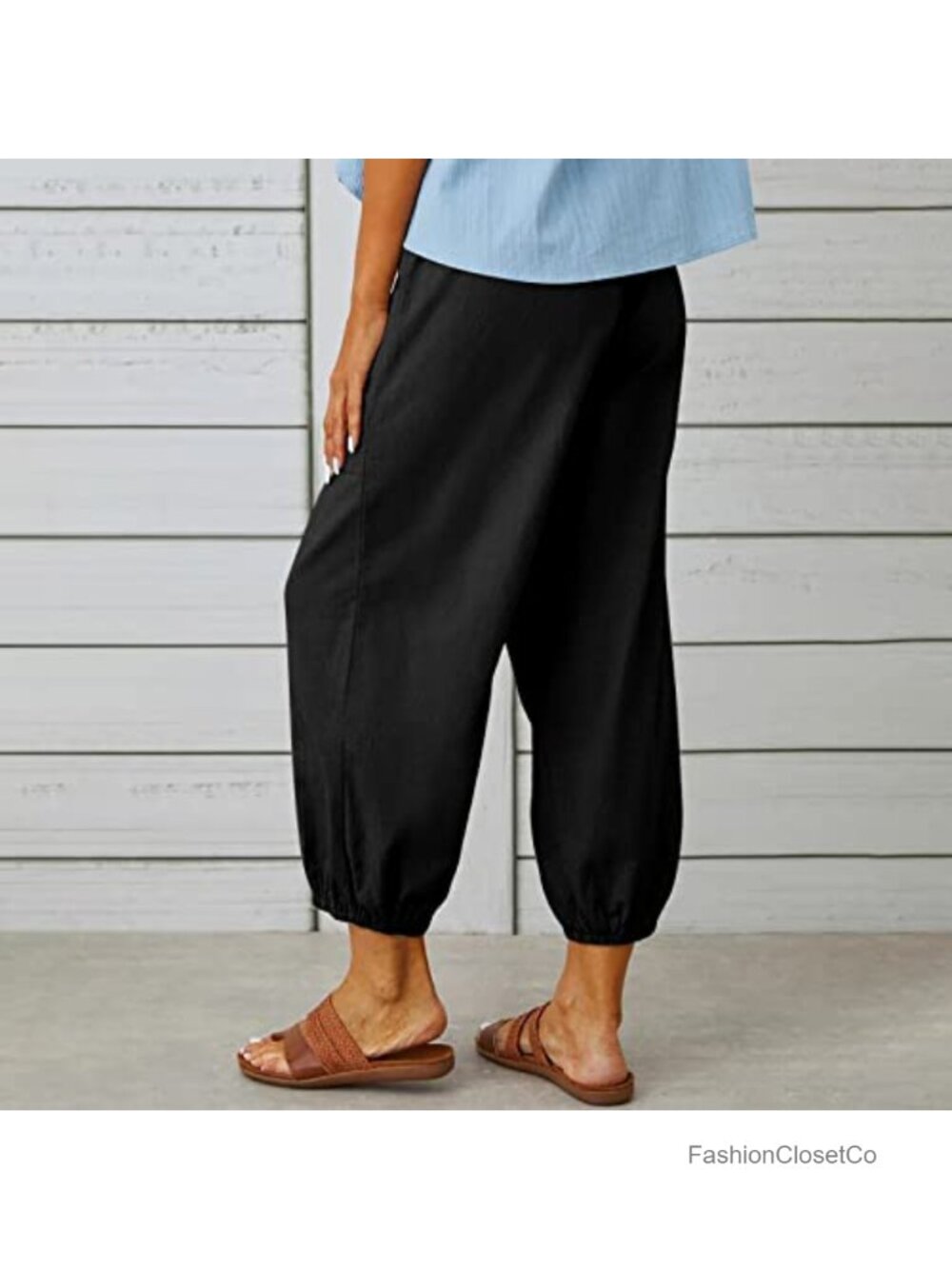 100% Cotton Elastic Waist Drawstring Capri Pants with Pockets - Picture 4 of 6